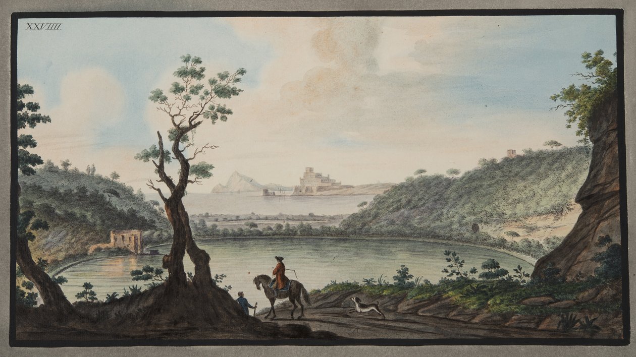 从威廉·汉密尔顿爵士（1730-1803）出版的“Campi Phlegraei：对两个西西里火山的观察”中的Puzzoli和Cuma之间的公路上的Avernus湖景观 作者 彼得罗·法布里斯（Pietro Fabris）
