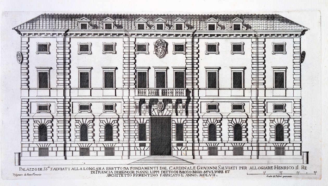 在罗马的Palazzo Salviati门面的视图，由红衣主教Giovanni Salviati委托法国国王亨利居住，由Nanni di Baccio Bigio（dc1568）于1557年设计 作者 彼得罗·费雷里奥（Pietro Ferrerio）