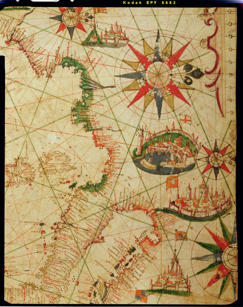 法国南部海岸，意大利和达尔马提亚，来自航海地图集，1651年（牛皮纸上的墨水）（详情来自330924） 作者 彼得罗·乔瓦尼·李子