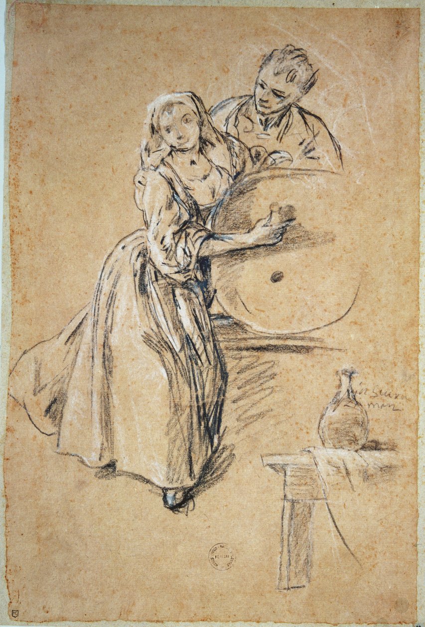 葡萄酒倒酒器与年轻人（粉笔）卡 作者 彼得·隆吉（Pietro Longhi）
