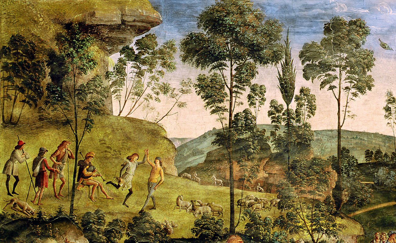 牧羊人和牧羊人制作音乐和舞蹈，详细信息来自“摩西之旅”，c.1481-3（详情请参阅218710） 作者 彼得罗·佩鲁吉诺（Pietro Perugino）