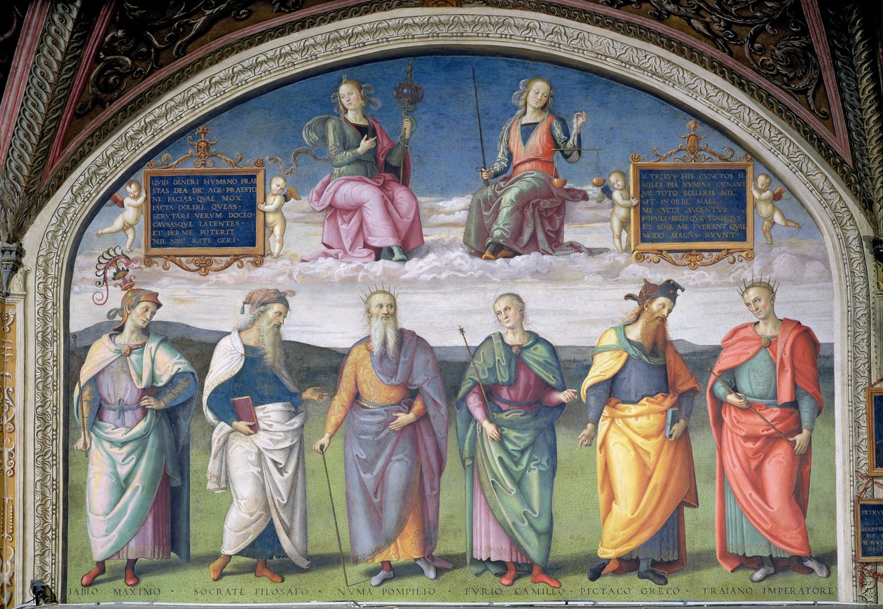 Prudence and Justice的Lunette，来自Sala dell&39;Udienza，1496-1500 作者 彼得罗·佩鲁吉诺（Pietro Perugino）