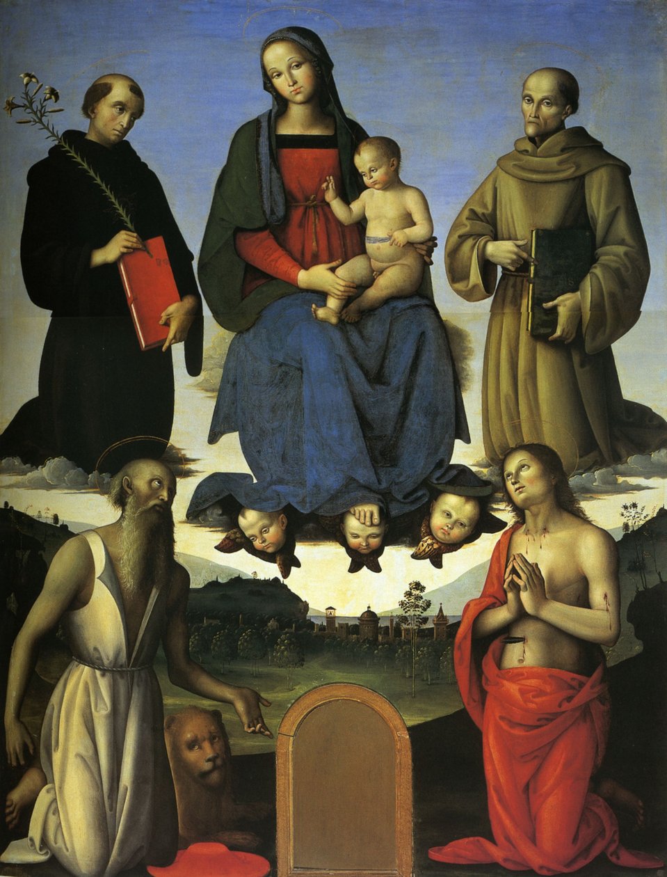 Pala Tezi（带孩子的处女，San Nicola da Tolentino和San Bernardino da Siena） 作者 彼得罗·佩鲁吉诺（Pietro Perugino）