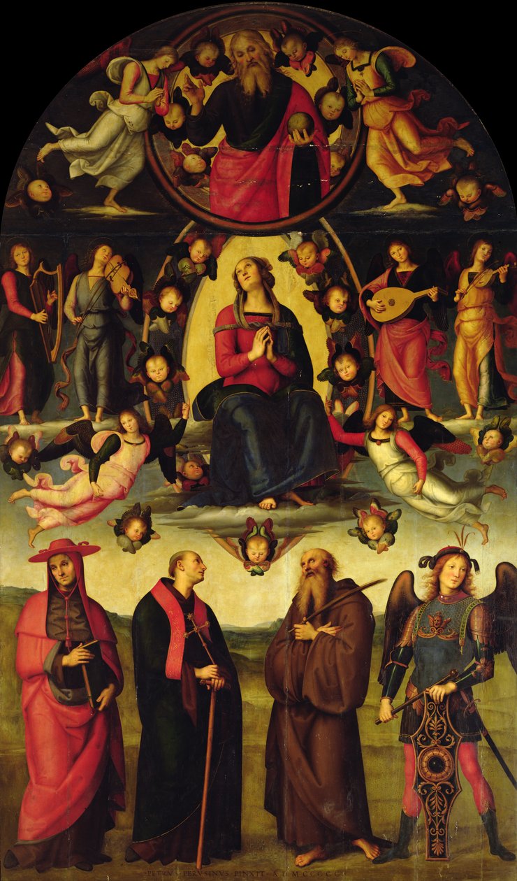 圣母与天使和圣徒（Vallombrosa祭坛画）一起登基 作者 彼得罗·佩鲁吉诺（Pietro Perugino）