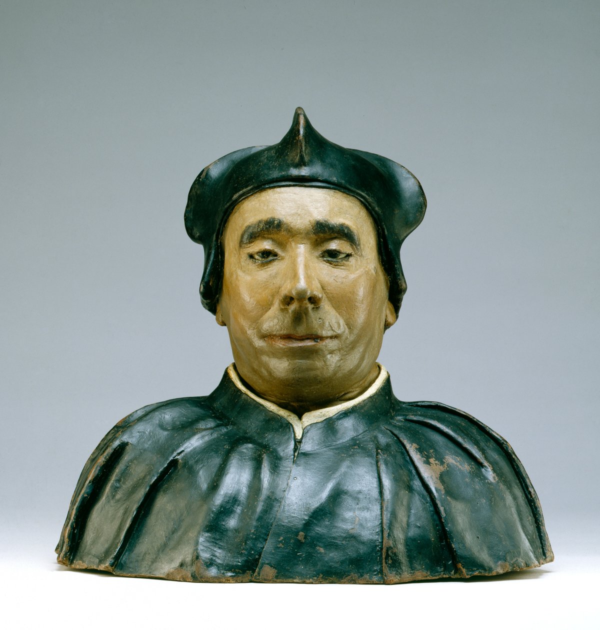 学者或主教的半身像，1545（多色赤土陶器） 作者 Pietro Torrigiano