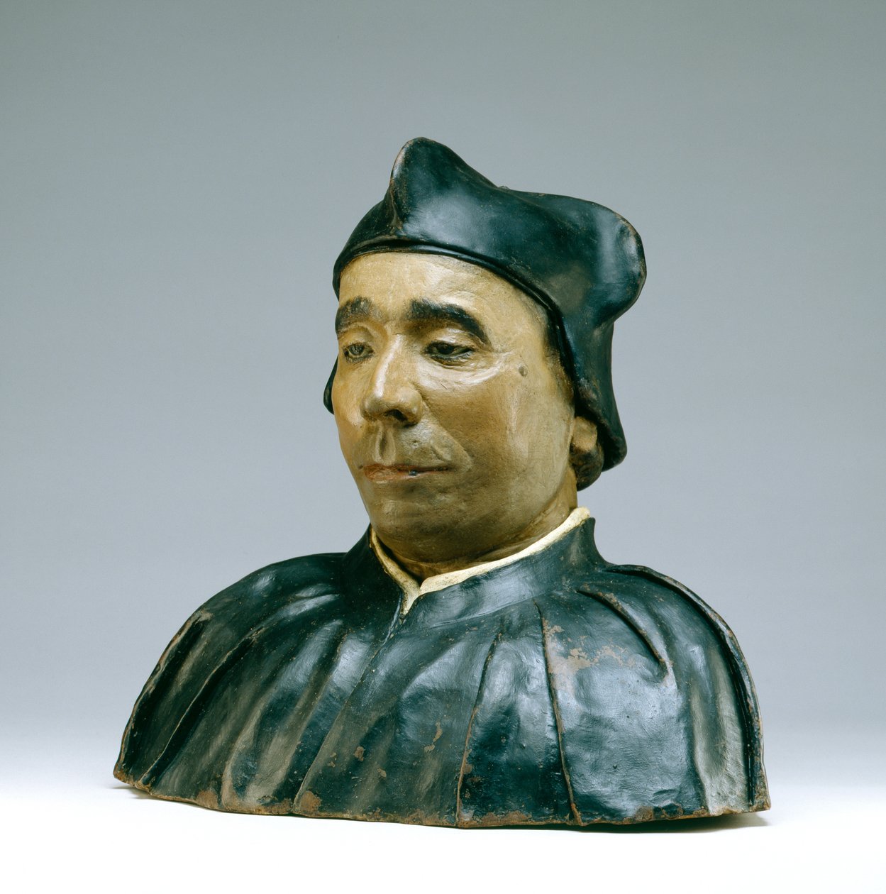 学者或主教的半身像，1545（多色赤土陶器） 作者 Pietro Torrigiano