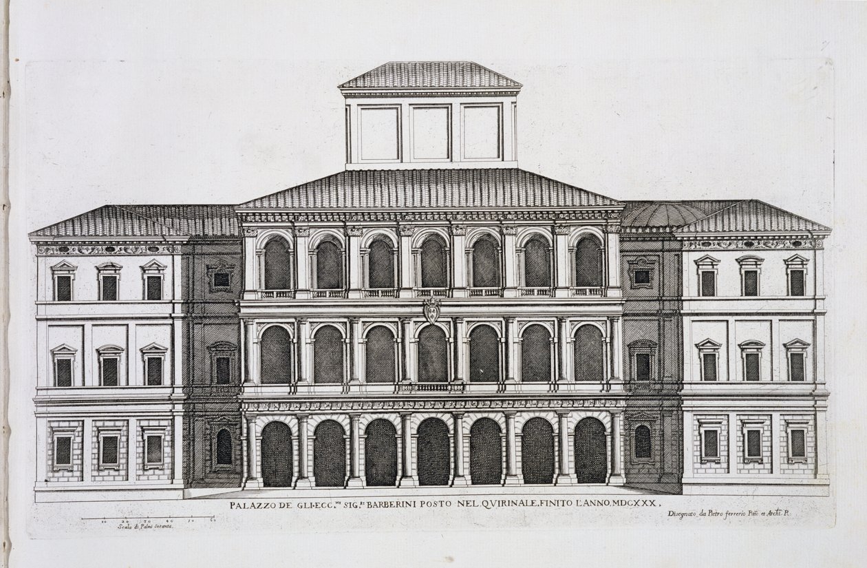 Quirinale上的Palazzo Barberini，于1630年完成，来自&39;Palazzi di Roma&39;，第一部分，出版于1655年 作者 彼得罗·费雷里奥（Pietro Ferrerio）