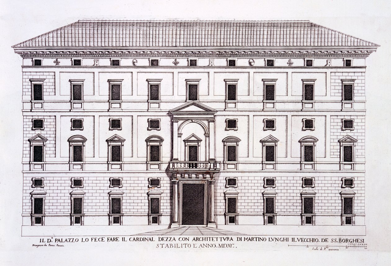 罗马的Palazzo Borghese，来自&39;Palazzi di Roma&39;，第一部分，出版于1655年 作者 彼得罗·费雷里奥（Pietro Ferrerio）