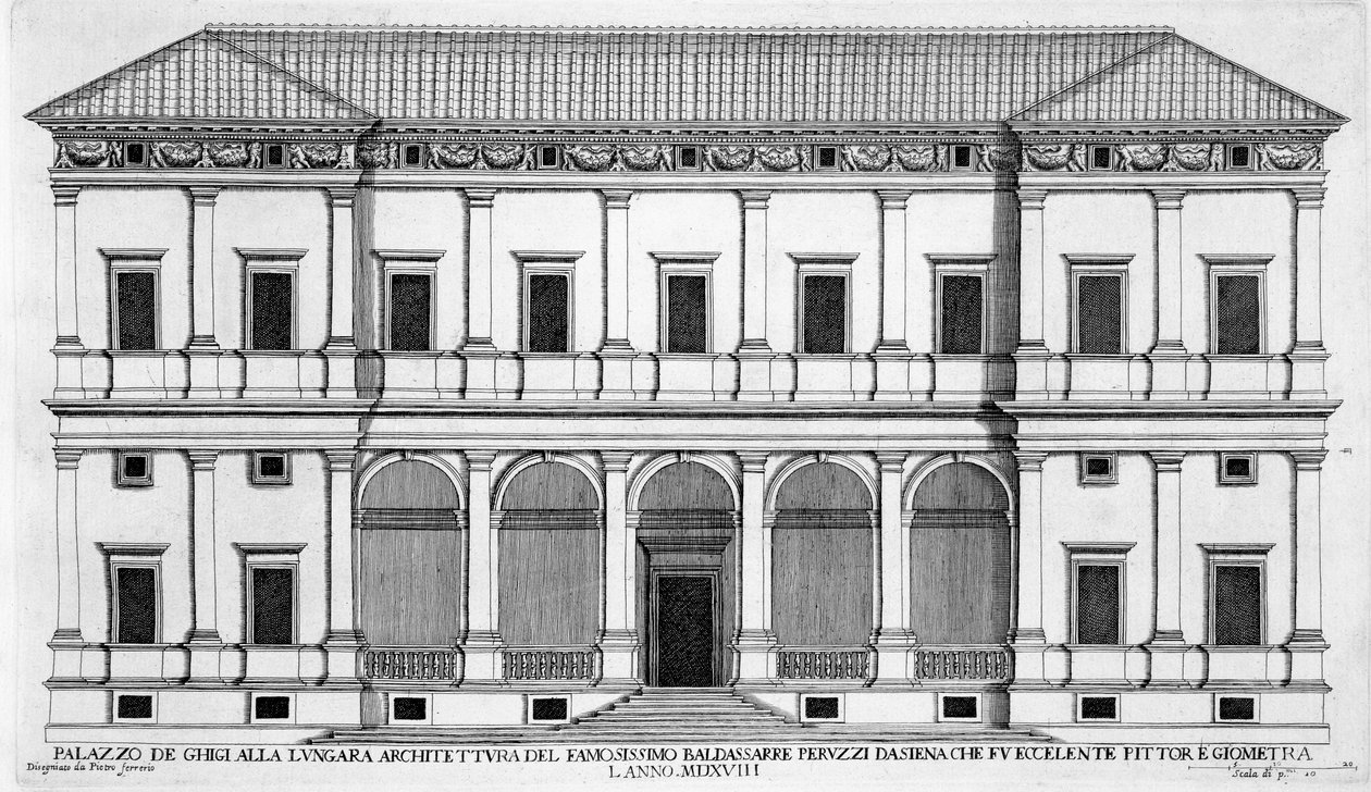 位于罗马Lungara的Palazzo Chigi，来自&39;Palazzi di Roma&39;，于1655年出版 作者 彼得罗·费雷里奥（Pietro Ferrerio）