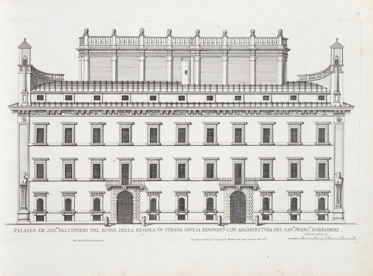 Palazzo Falconieri，罗马，来自&39;Palazzi di Roma&39;，第二部分，出版于1670年代 作者 彼得罗·费雷里奥（Pietro Ferrerio）