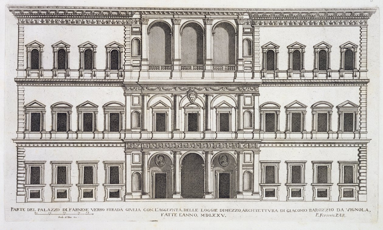 Palazzo Farnese，来自&39;Palazzi di Roma&39;，第一部分，于1655年出版 作者 彼得罗·费雷里奥（Pietro Ferrerio）
