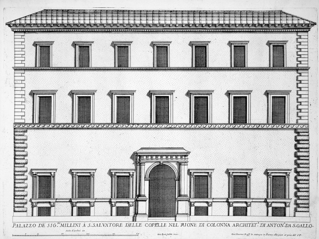 罗马的Millini Palace，来自&39;Palazzi di Roma&39;，第二部分，出版于1670年代 作者 彼得罗·费雷里奥（Pietro Ferrerio）