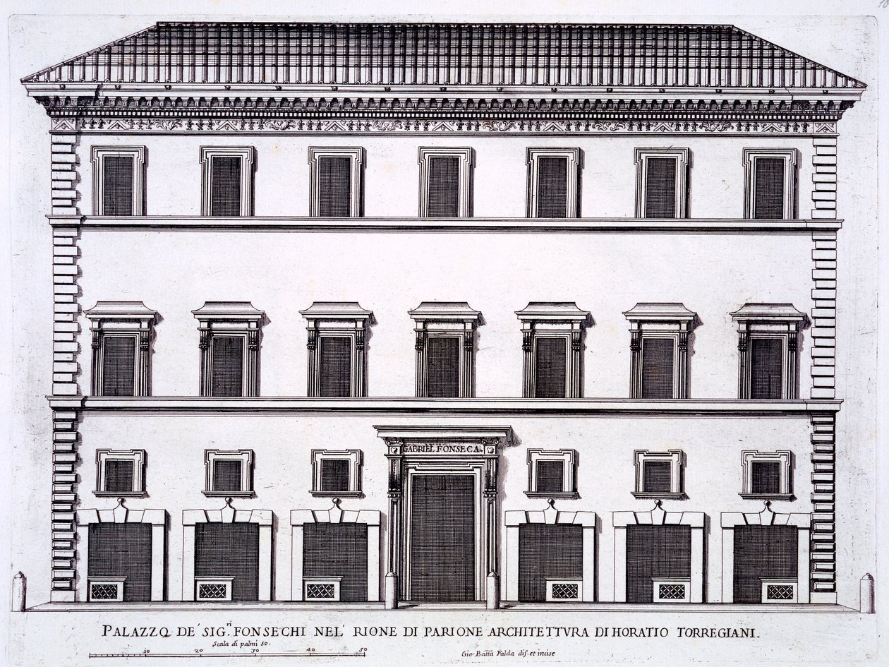 罗马的丰塞卡家族宫殿，来自&39;Palazzi di Roma&39;，第二部分，出版于1670年代 作者 彼得罗·费雷里奥（Pietro Ferrerio）