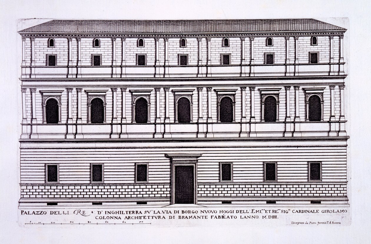 罗马Borgo Nuovo的英国国王宫殿，来自&39;Palazzi di Roma&39;，第一部分，1655年出版 作者 彼得罗·费雷里奥（Pietro Ferrerio）
