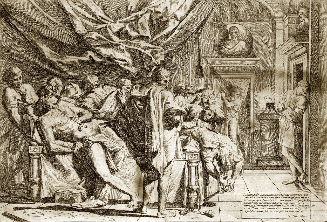 老卡顿（Marcus Porcius Cato）或审查员卡顿之死（公元前234-149年），作者Pietro Testa 1648年 - 卡顿之死 - 1648年，作者Pietro Testa（公元前1612-1650年），蚀刻画 - 作者 彼得·泰斯塔