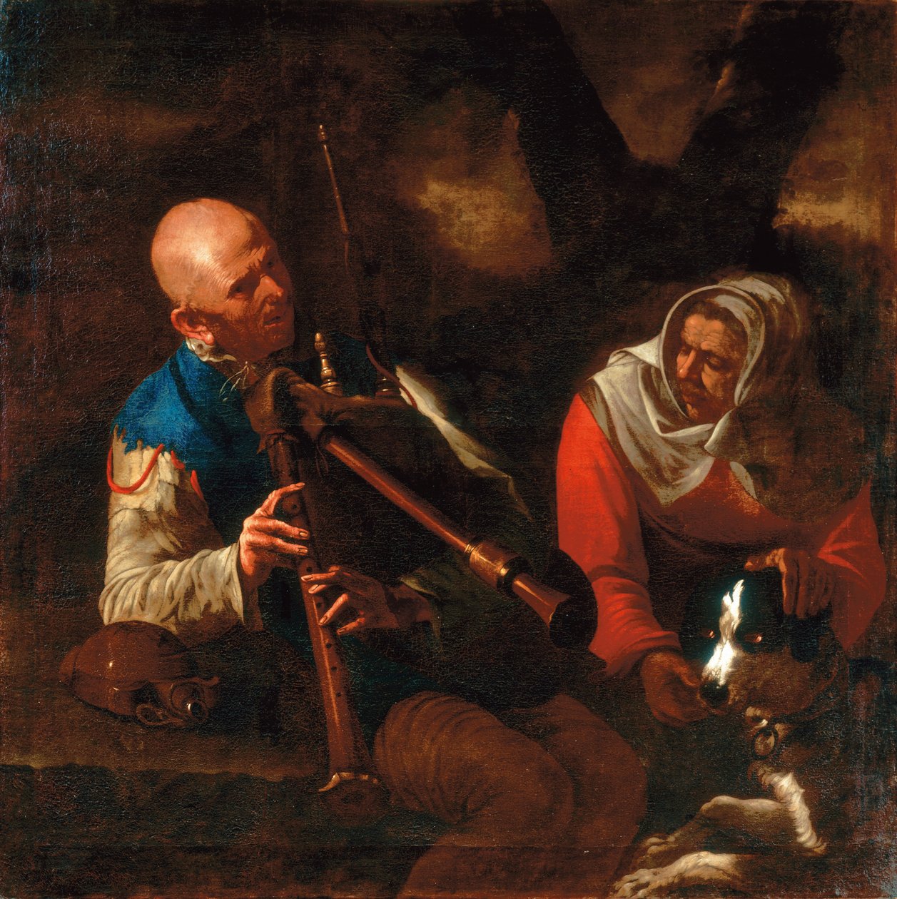 吹奏风笛的农民和与狗一起聆听的老妇人（布面油画） 作者 Pietro (圈子) Paolini