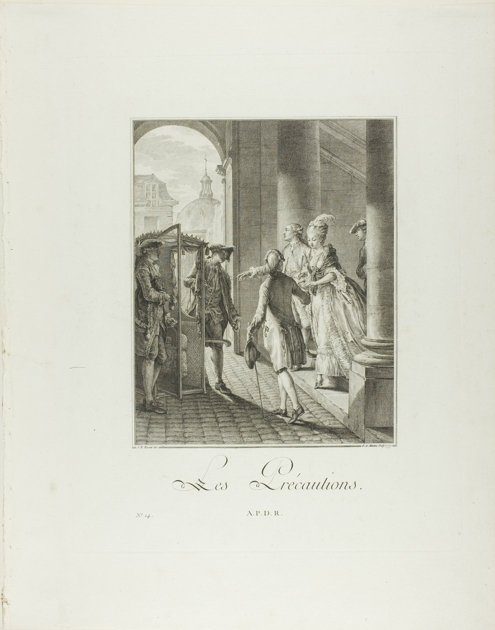 预防措施》，选自《六惠时代末期的生理和道德服饰纪念碑》（Monument du Costume Physique et Moral de la fin du Dix-huitième siècle 作者 彼得罗·安东尼奥·马丁尼