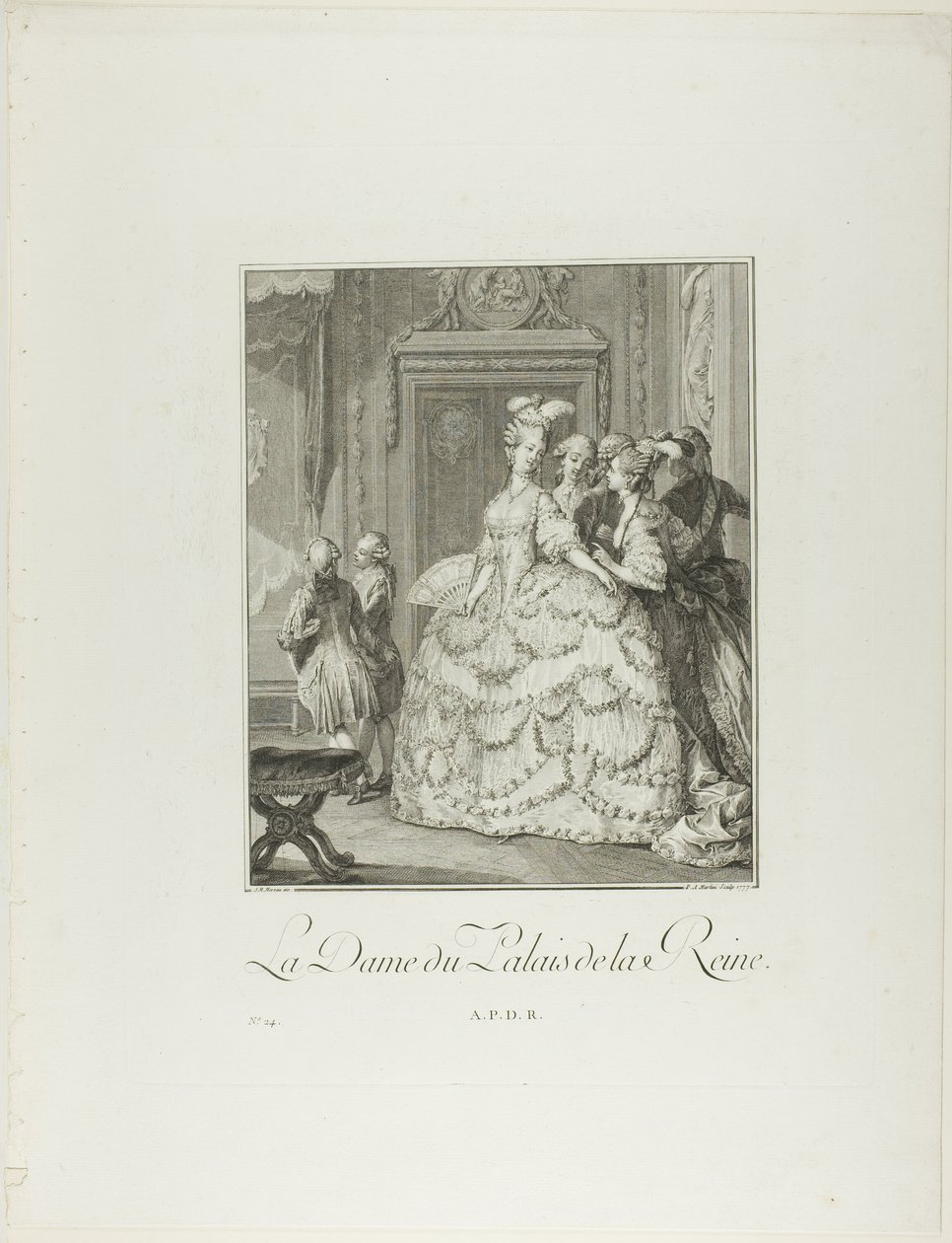 王后的候补夫人》，选自《六惠时代末期的服饰与道德纪念碑》（Monument du Costume Physique et Moral de la fin du Dix-huitième siècle 作者 彼得罗·安东尼奥·马丁尼