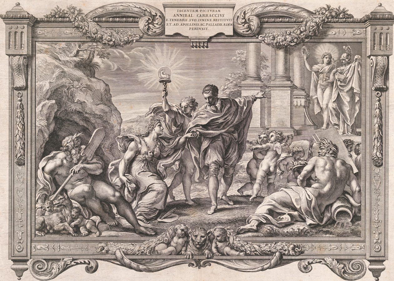 Annibale Carracci向阿波罗和密涅瓦介绍绘画，1674年。 作者 彼得罗·阿奎拉