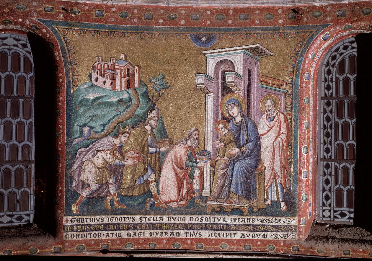 Pietro Cavallini(约1273-1330年活跃)13世纪末天顶的马赛克魔女崇拜(Adoration of the magi, mosaic from the apse by Pietro Cavallini, end of 13th century) 罗马，Trastevere的圣玛丽亚教堂 意大利 作者 彼得罗·卡瓦利尼