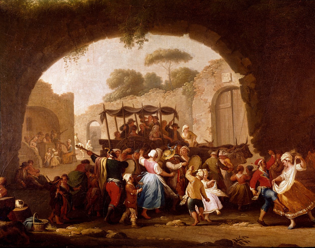 那不勒斯细节的舞蹈场景和流行派对。 塔兰泰拉舞者 (tarantella, tarantella)。 Pietro Fabris（活跃于 1763 年至 1776 年之间）的绘画，18 世纪那不勒斯，Museo Nazionale di San Martino 作者 彼得罗·法布里斯（Pietro Fabris）