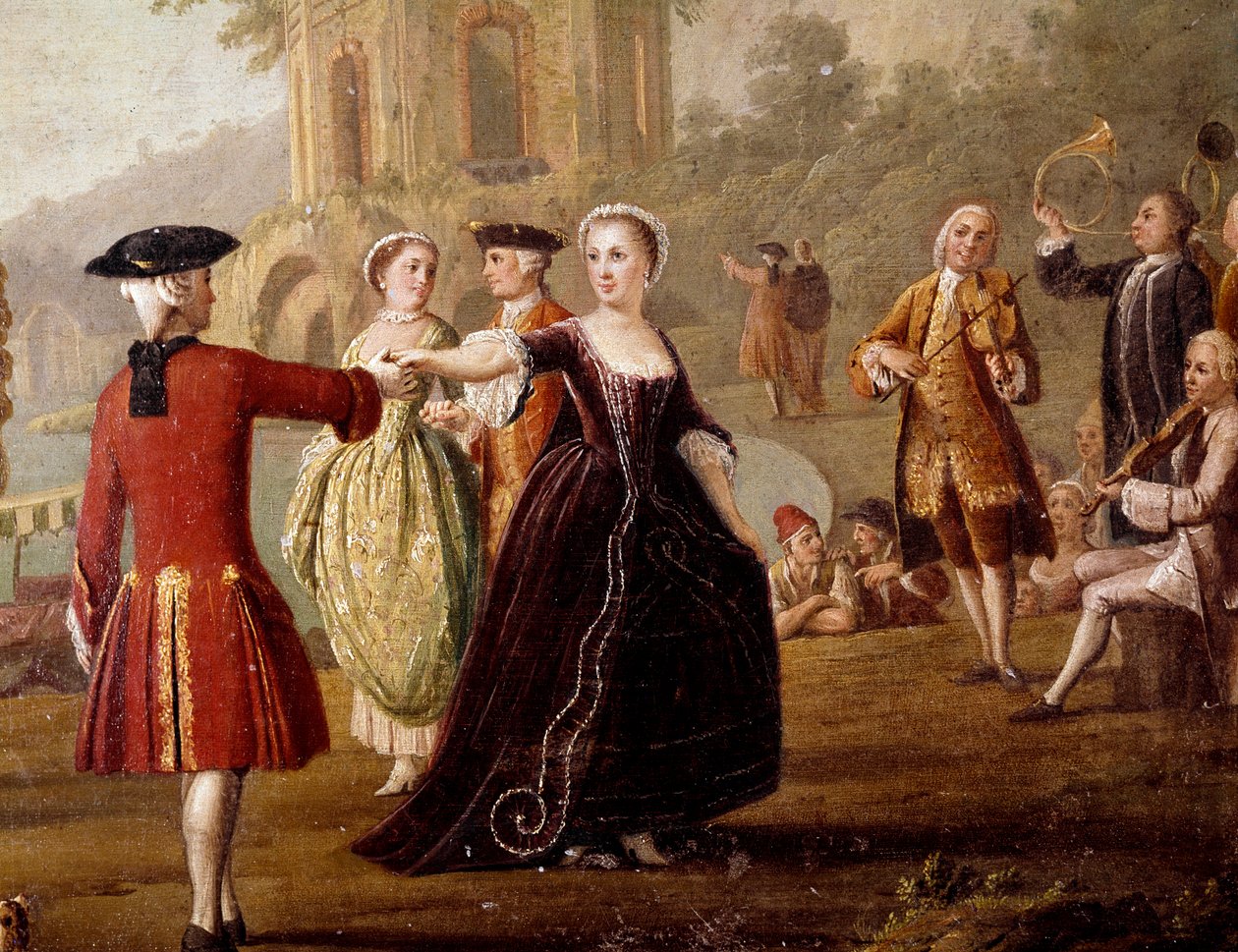 那不勒斯舞者在公园的高贵舞蹈和盛宴场景。 Pietro Fabris（活跃于 1763 年至 1776 年之间）的绘画。 18 世纪那不勒斯，圣马蒂诺国家博物馆 作者 彼得罗·法布里斯（Pietro Fabris）