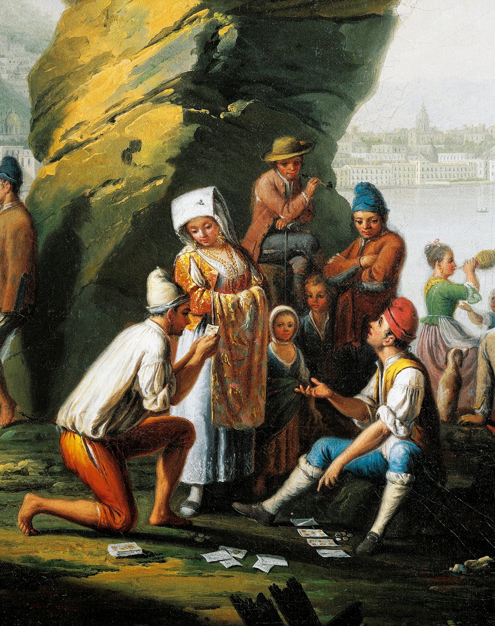 Posillipo 洞穴的日常生活场景，男人们在玩纸牌，Pietro Fabris（活跃于 1768-1778 年），布面油画，细节 作者 彼得罗·法布里斯（Pietro Fabris）