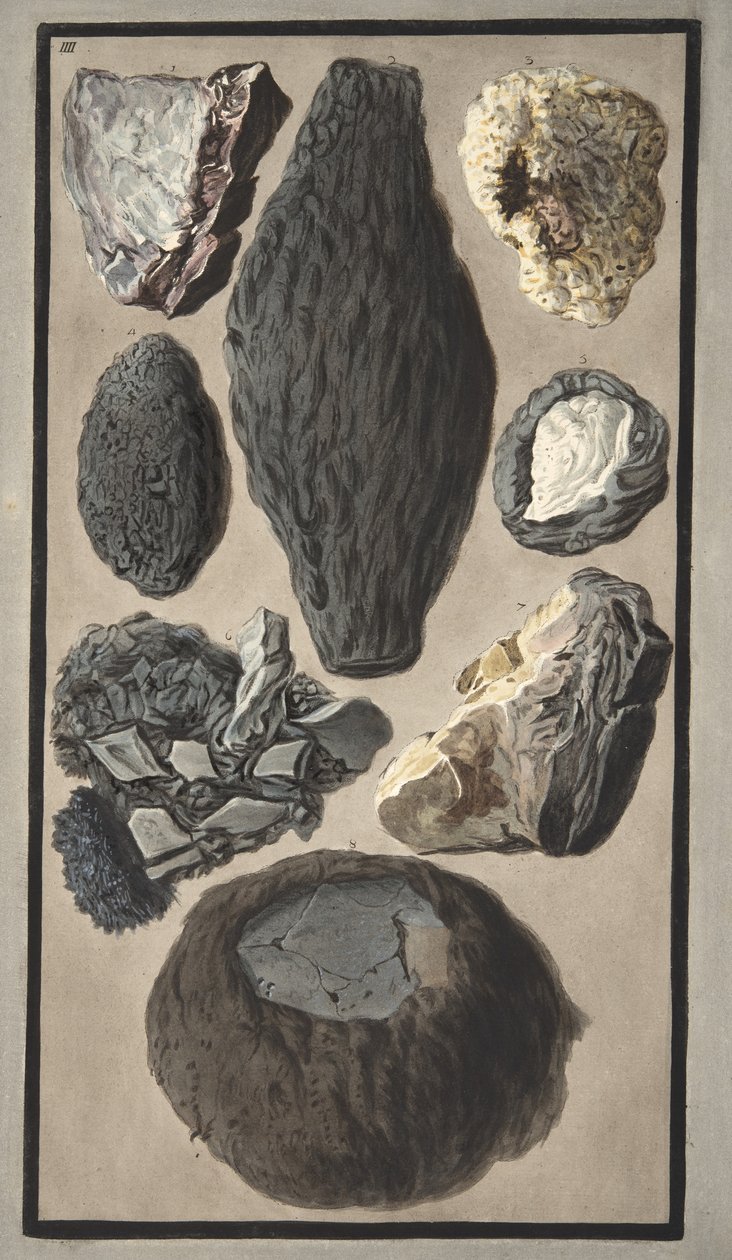 火山物质的标本，来自&39;Campi Phlegraei：对两个西西里火山的观测&39;，由威廉姆斯汉密尔顿爵士（1730-1803）发表，1776年出版（手工彩色雕刻） 作者 彼得罗·法布里斯（Pietro Fabris）