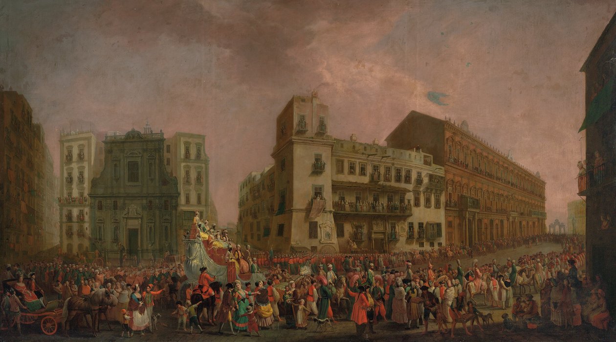 1778年在那不勒斯举行的狂欢节，“狂欢节”游行于Largo di Palazzo，约建于1778年 作者 彼得罗·法布里斯（Pietro Fabris）