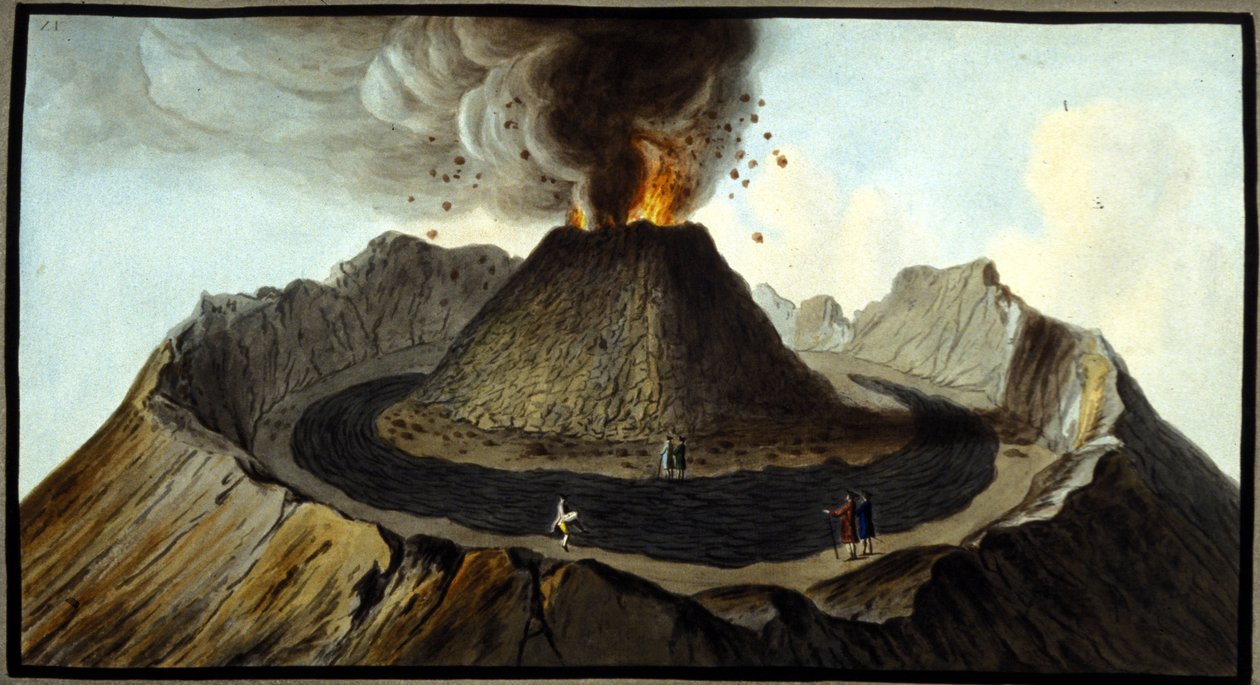 喷发的维苏威火山。 应英国驻那不勒斯大使威廉·汉密尔顿爵士的要求，皮埃尔·法布里斯（Pierre Fabris）进行了这种水粉画。 米兰，布雷登斯。 作者 彼得罗·法布里斯（Pietro Fabris）