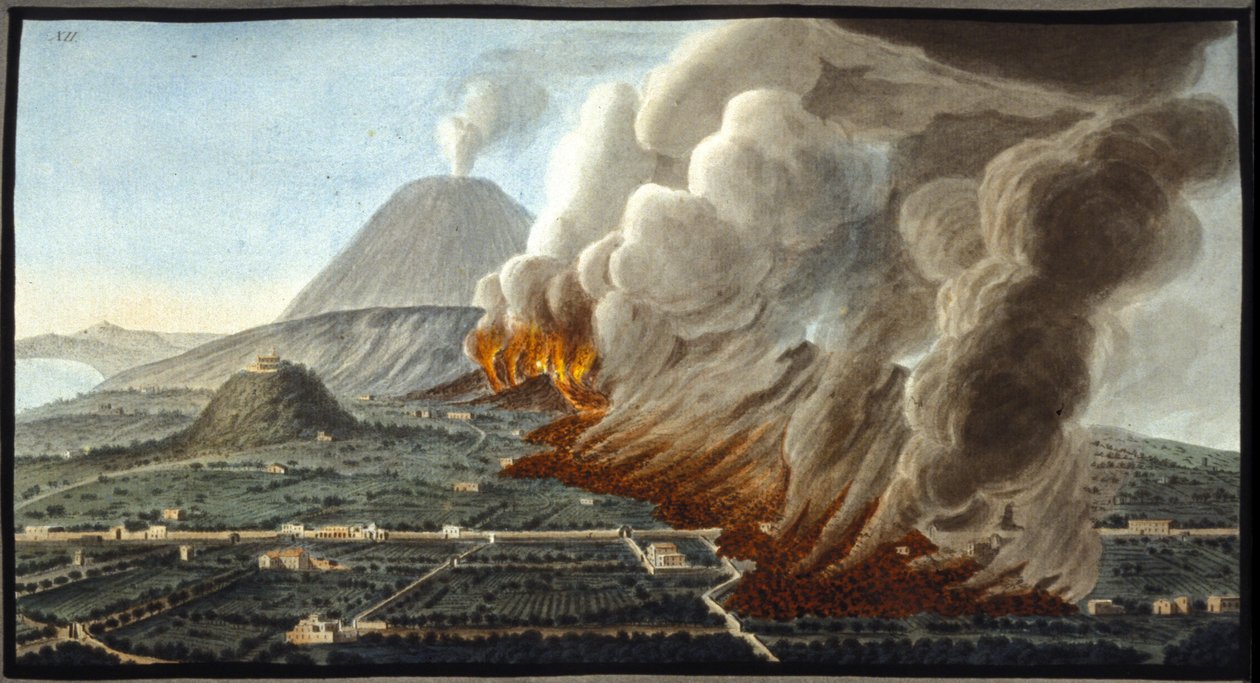 喷发的维苏威火山。 应英国驻那不勒斯大使威廉·汉密尔顿爵士的要求，皮埃尔·法布里斯（Pierre Fabris）进行了这种水粉画。 米兰，布雷登斯。 作者 彼得罗·法布里斯（Pietro Fabris）