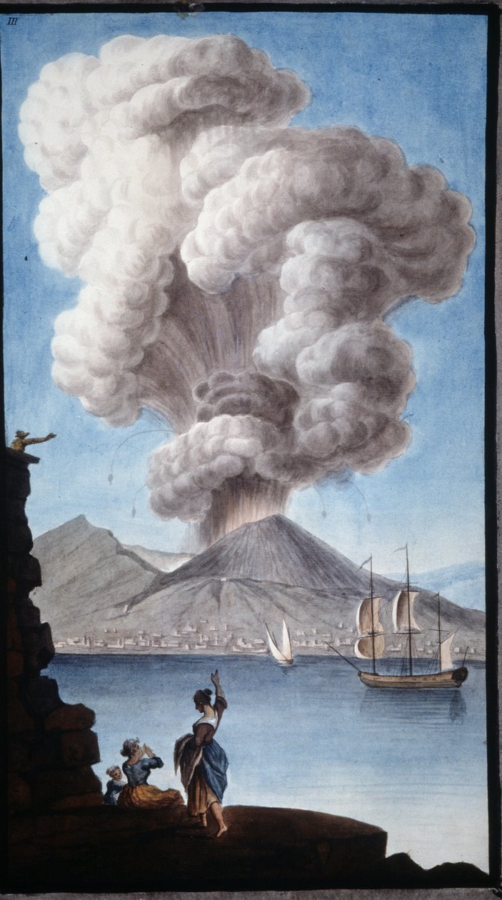 1779 年维苏威火山喷发。应英国驻那不勒斯大使威廉·汉密尔顿爵士的要求，皮埃尔·法布里斯（Pierre Fabris）进行了这种水粉画。 作者 彼得罗·法布里斯（Pietro Fabris）