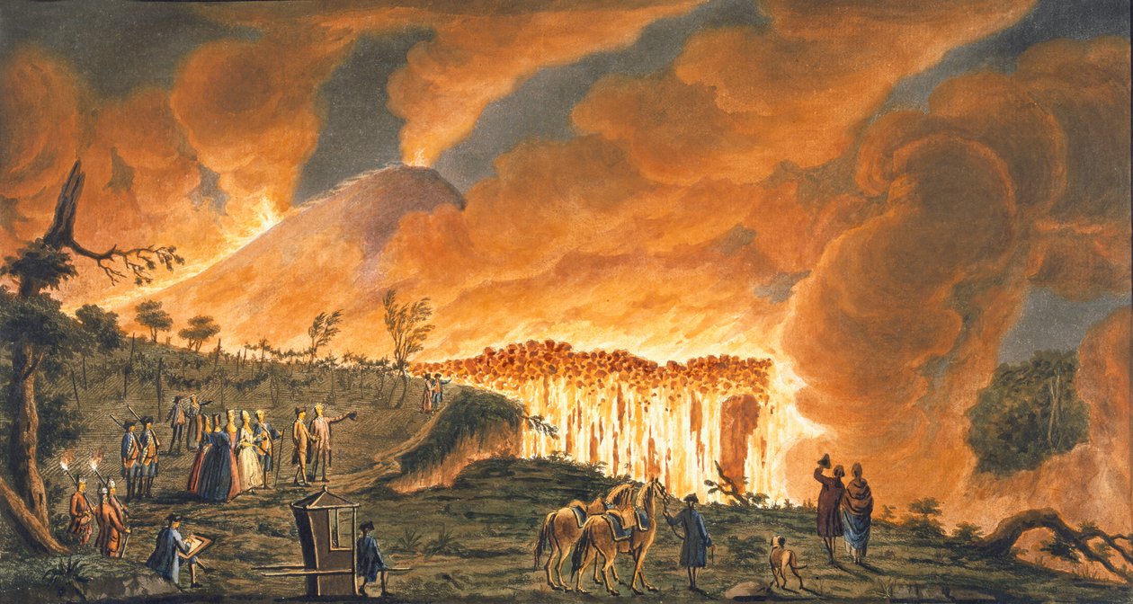 1771年5月11日汉密尔顿护送他们的西西里陛下的观点，观察维苏威火山大喷发的熔岩流，来自Campi Phlegraei的板块38：观察火山的火山 作者 彼得罗·法布里斯（Pietro Fabris）