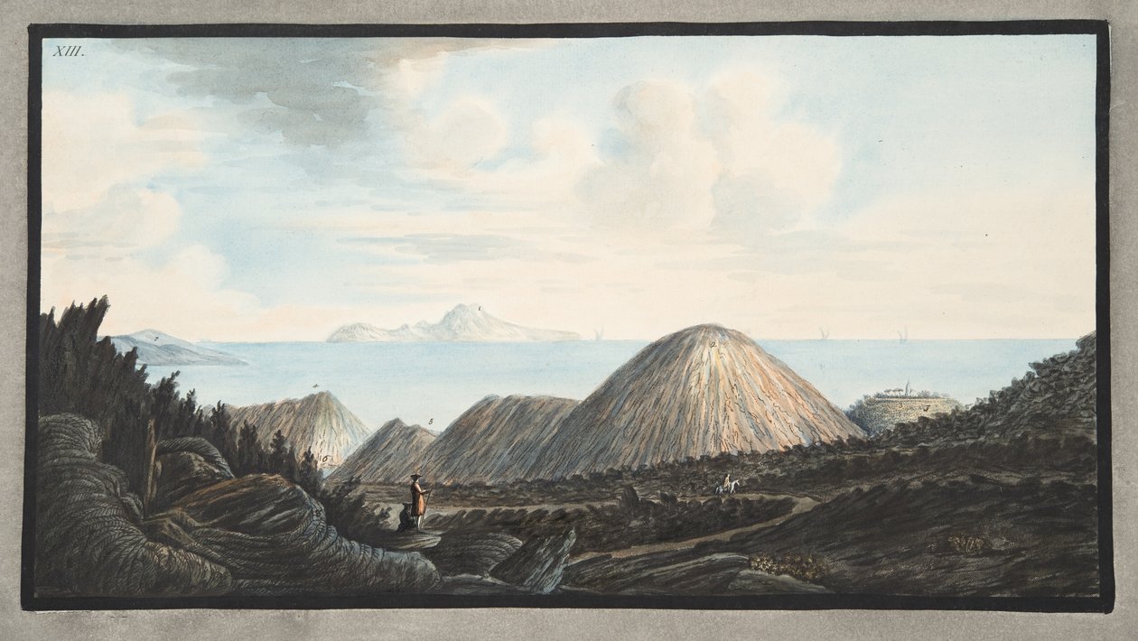 1760年爆炸引发的小山的现状，来自&39;Campi Phlegraei：对两个西西里火山的观察&39;的板块XIII，由William Hamilto爵士提出 作者 彼得罗·法布里斯（Pietro Fabris）