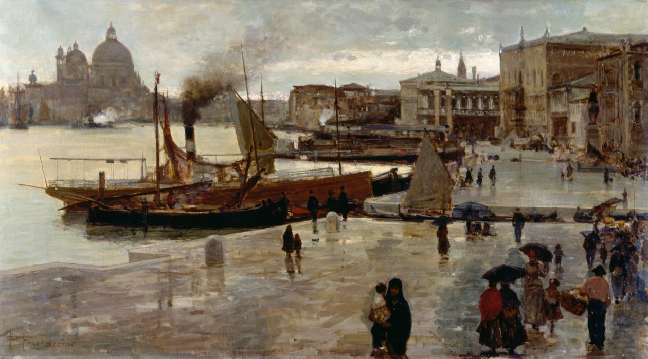 Riva degli Schiavoni（人行道），Pietro Fragiacomo（1856-1922 年）作品，布面油画，71x130 厘米 作者 Pietro Fragiacomo