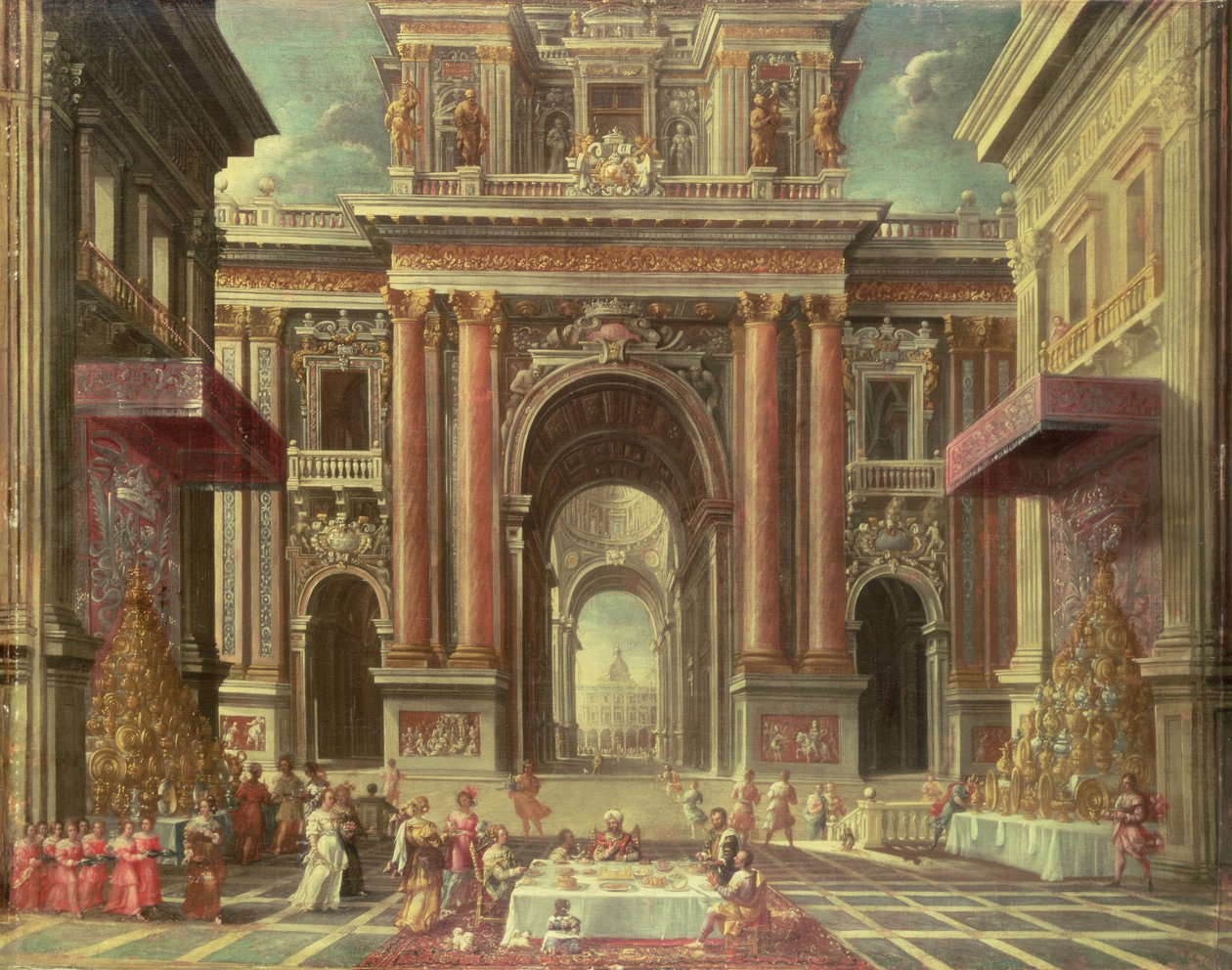 巴洛克式宫殿院子里的华丽盛宴（布面油画） 作者 Pietro Francesco Garoli