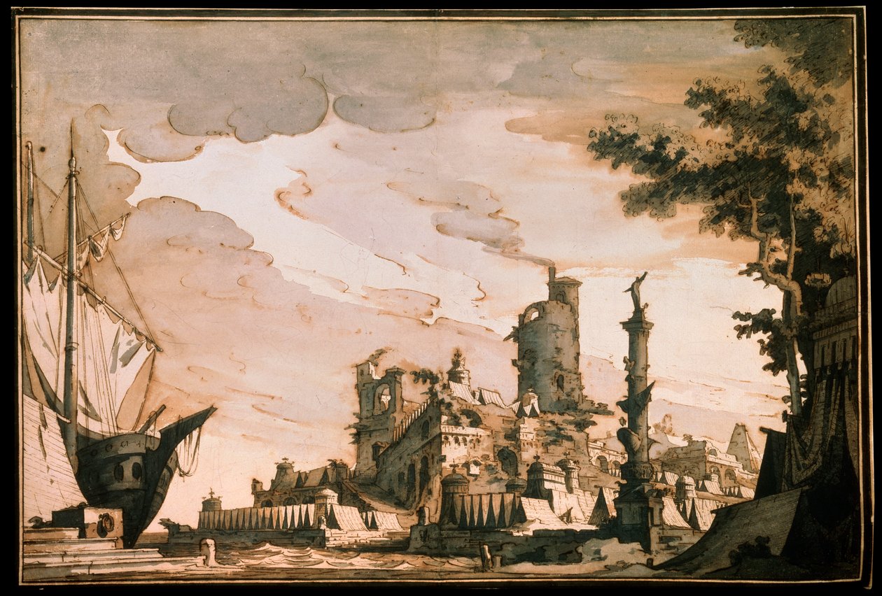 海港，剧院戏剧的舞台设计，1818年。 作者 彼得罗·冈萨加