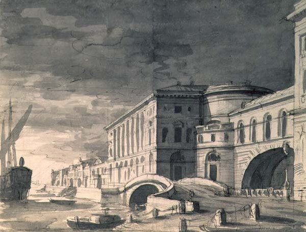涅瓦河堤岸的景色，中间是赫米塔什剧院，1802年后（钢笔、毛笔、墨水和铅笔）。 作者 彼得罗·冈萨加