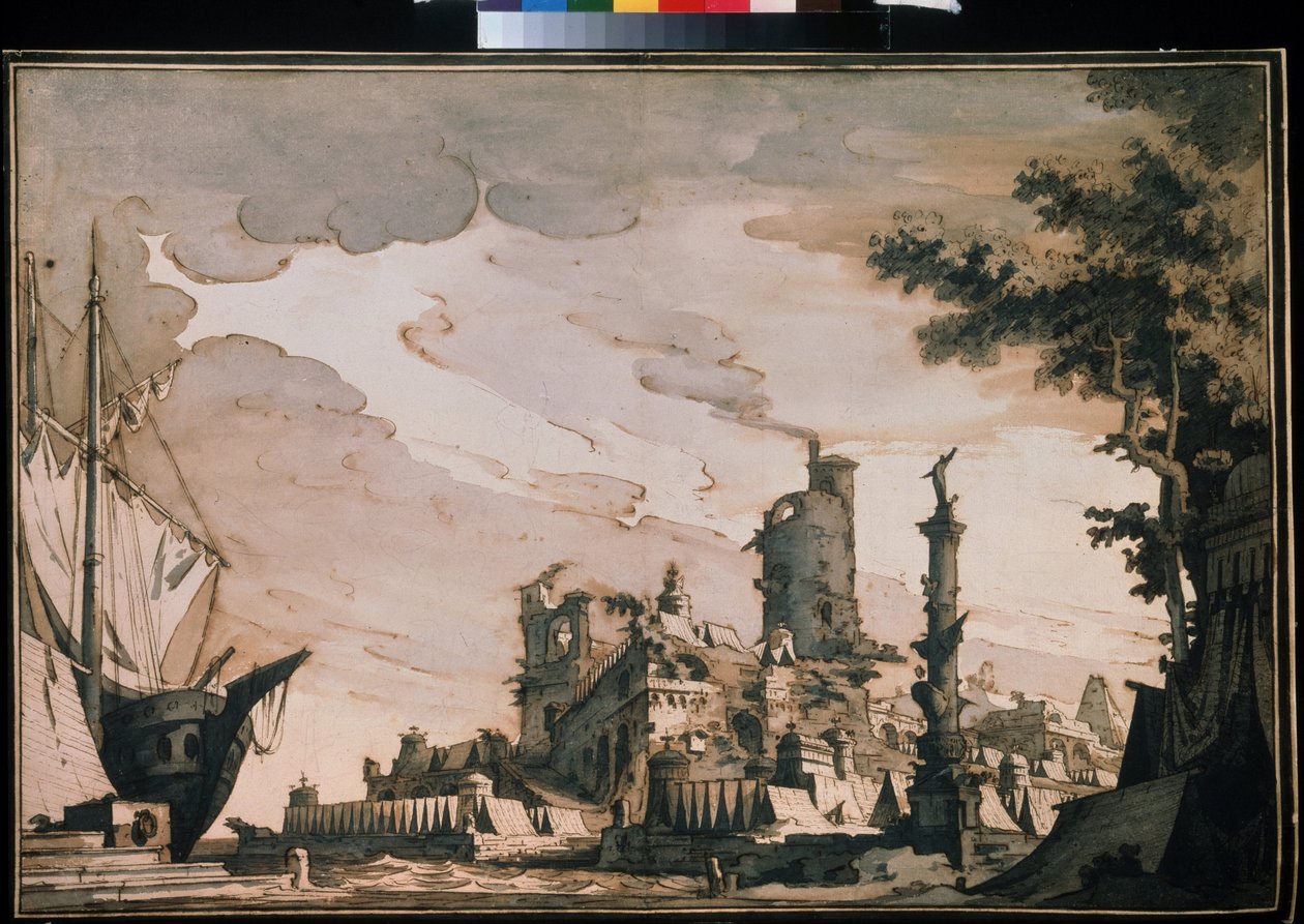 "港口风光 "剧场布景。Pietro di Gottardo Gonzaga（1751-1831 年）1818 年创作的水彩画。纸面水彩和墨水。莫斯科，普希金博物馆 作者 彼得罗·冈萨加