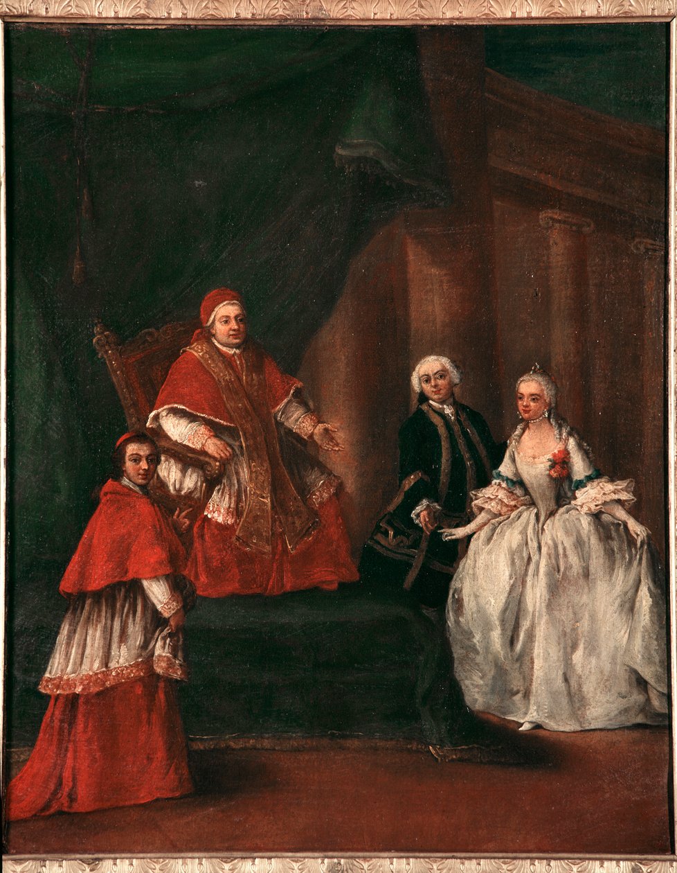 代表教皇克莱门特十三世 (1693-1769) 与他的侄子 Ludovico Rezzonico 和妻子 Faustina Savorgnan（教皇克莱门特十三世与他的侄子 Ludovico Rezzonico 和他的妻子 Faustina Savorgnan） Pietro Longhi 绘画（1702-17585）1527x500 作者 彼得·隆吉（Pietro Longhi）