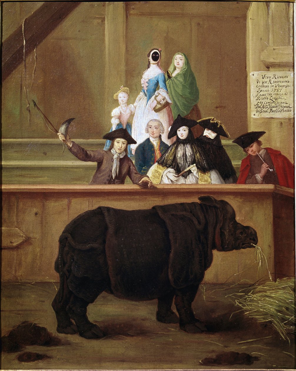 犀牛：印度犀牛克拉拉展览。 Pietro Longhi (1702-1785) 的绘画。 1751. 18 世纪威尼斯博物馆。 Ca