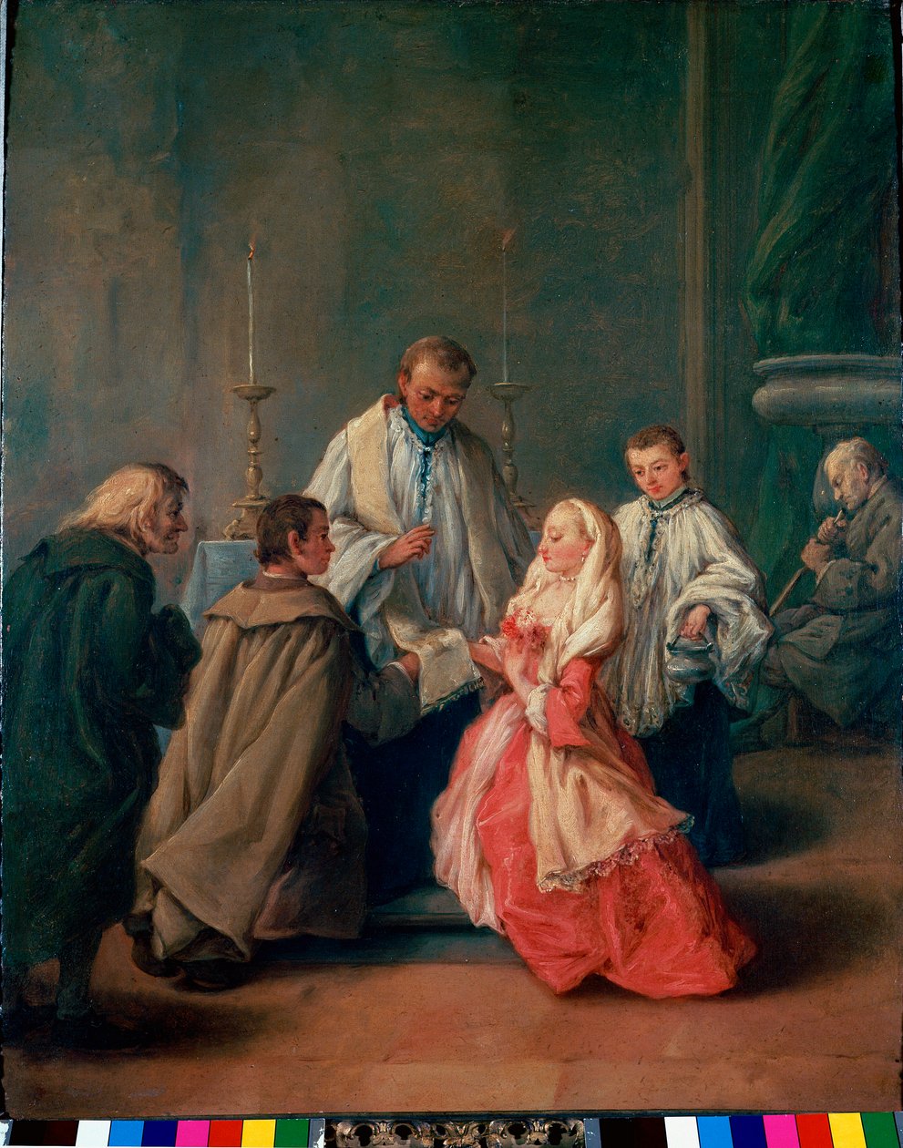 圣礼：“婚礼仪式” Pietro Longhi (Pietro Falca) (1702-1785) 约 1755 年作画。 太阳。 62x50 厘米威尼斯，Pinacoteca Querini-Stampalia 作者 彼得·隆吉（Pietro Longhi）