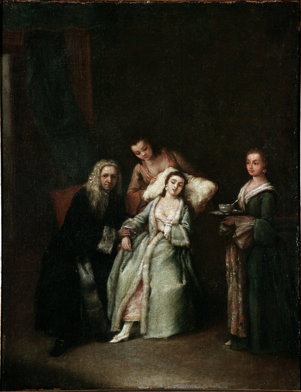 The sick woman Visit of the doctor taking the pulse of the sick Painting by Pietro Longhi (1702-1785) 1741 Dim 52x41 cm Venice, Ca