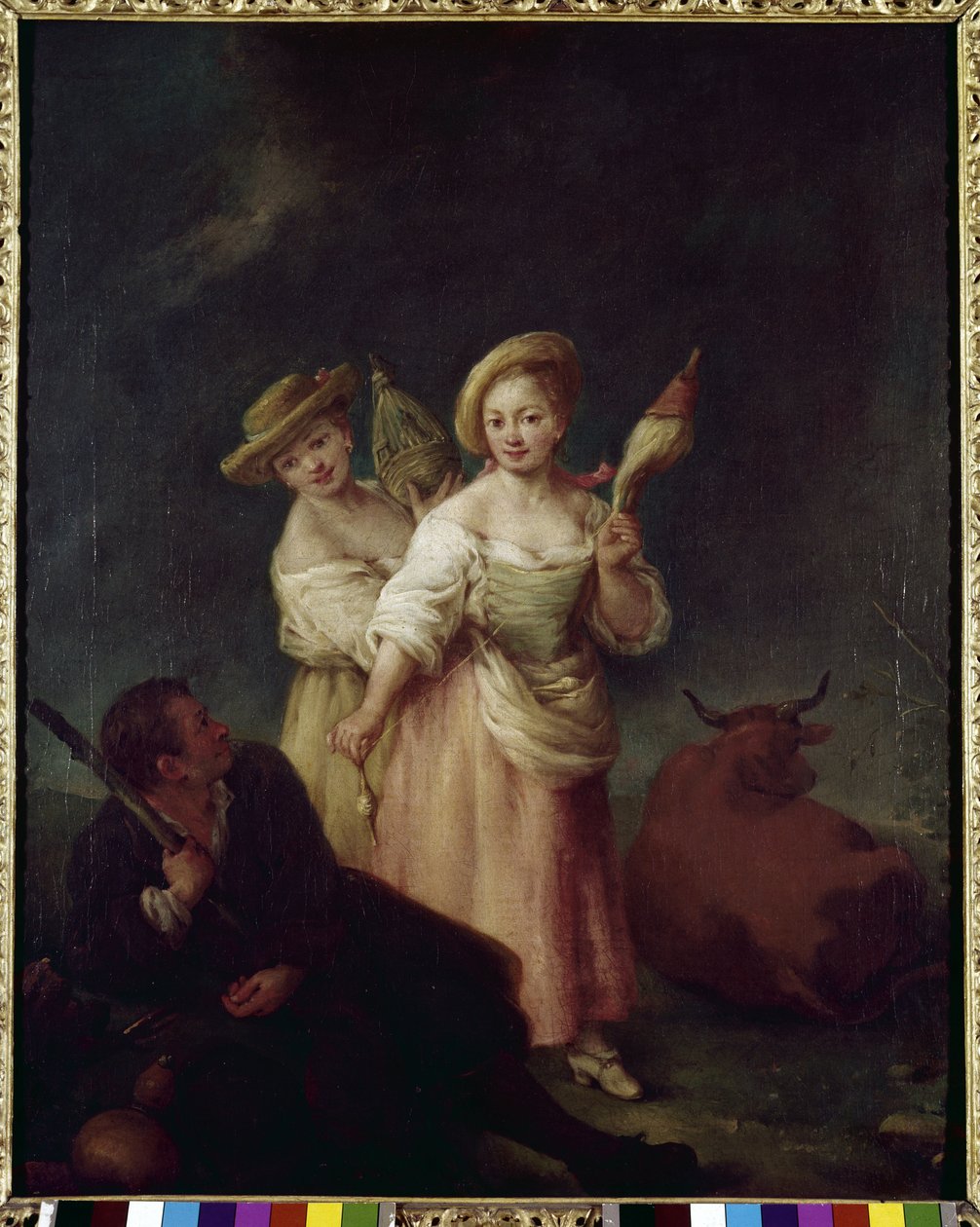The spinners (The filatrici) - Pietro Longhi (1702-1785) 作画，布面油画，60x49 厘米，大约 1760 年。威尼斯，奎里尼·斯坦帕利亚基金会。 作者 彼得·隆吉（Pietro Longhi）