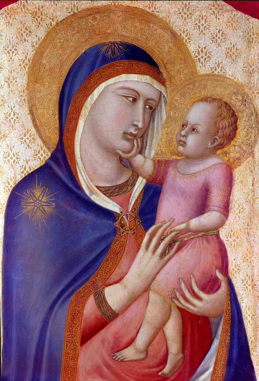 Madonna in glory Detail of the Virgin has the Child in majesty between angels. Detrempe on wood by Pietro Lorenzetti (1280-1348) 1340 Dim. 1,45x1,22 m Florence, Uffizi gallery 作者 彼得罗·洛伦泽蒂（Pietro Lorenzetti）