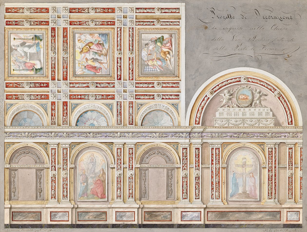 贾科莫·科尔德拉（Giacomo Cordella）在费尔莫大教堂（Chiesa della Pieta）内部的壁画研究（铅笔，钢笔和棕色墨水及w - c在纸上） 作者 彼得罗·卢奇尼（Pietro Lucchini）