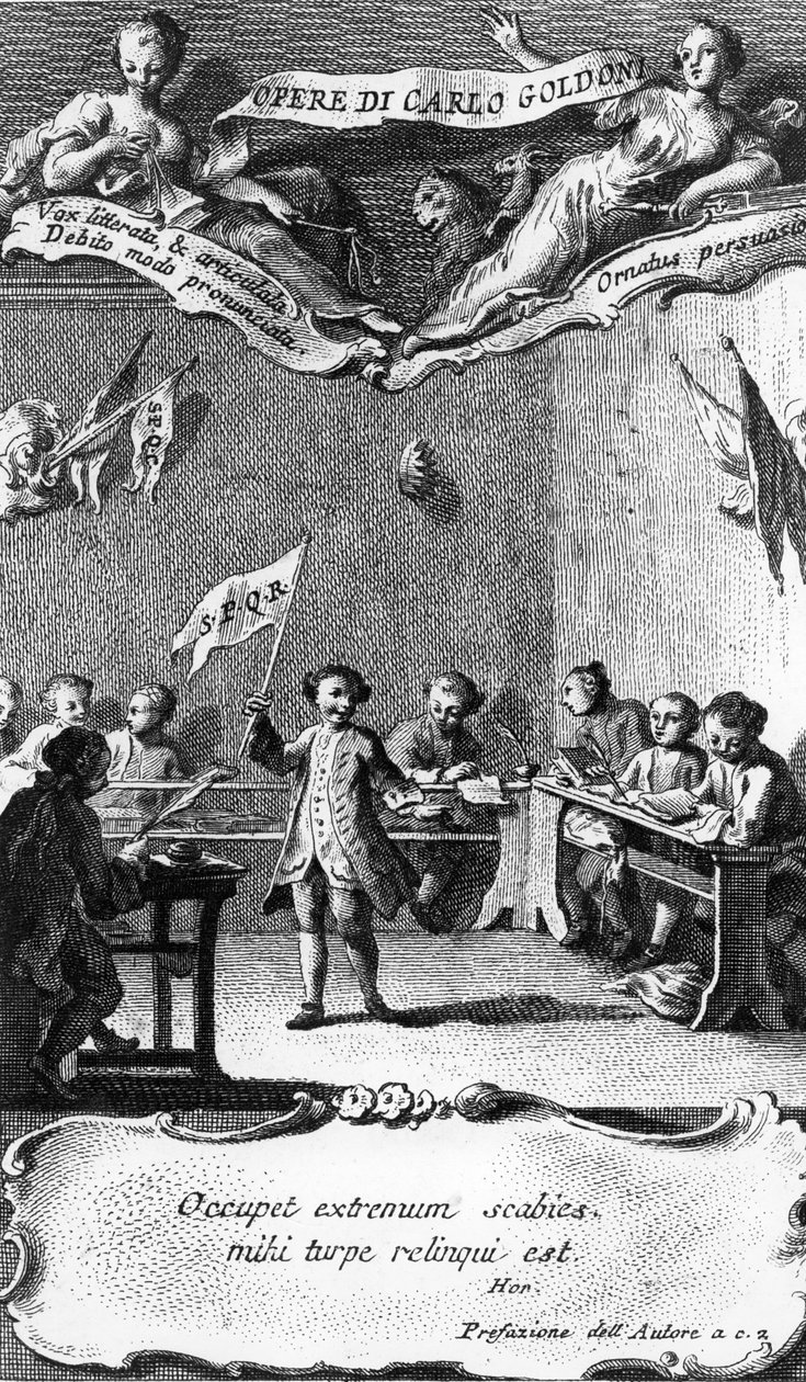 卡洛·戈尔多尼（Carlo Goldoni）挥舞旗帜庆祝他在佩鲁贾的耶稣会学校度过了他的一年，来自&39;Opere di Carlo Goldoni&39;，由Antonio Baratti雕刻，1761年 作者 彼得罗·诺维利