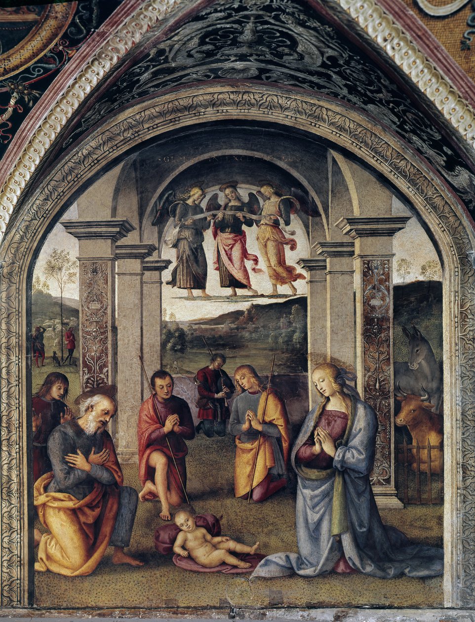 耶稣诞生》壁画 作者：皮耶罗-万努奇-佩鲁吉诺(1448-1523) 1498 Dim 264x225 cm Perugia Collegio del Cambio 作者 彼得罗·佩鲁吉诺（Pietro Perugino）