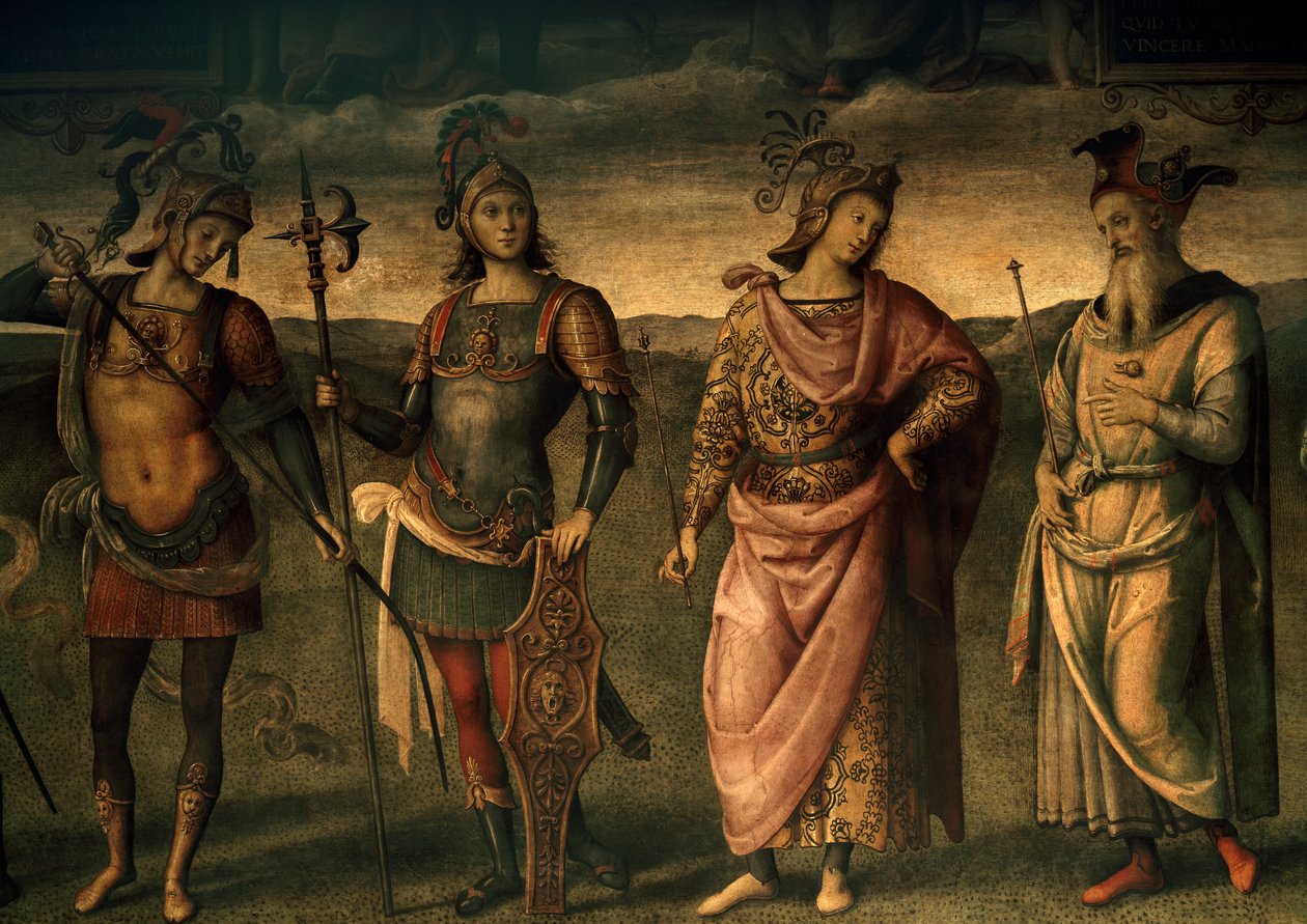 Leonidas Lacedaemonian, Horatius Cocles, Publius Scipio, Pericles of Athens, Allegories of Fortitude and Temperance with Six Antique Heroes. 作者 彼得罗·佩鲁吉诺（Pietro Perugino）