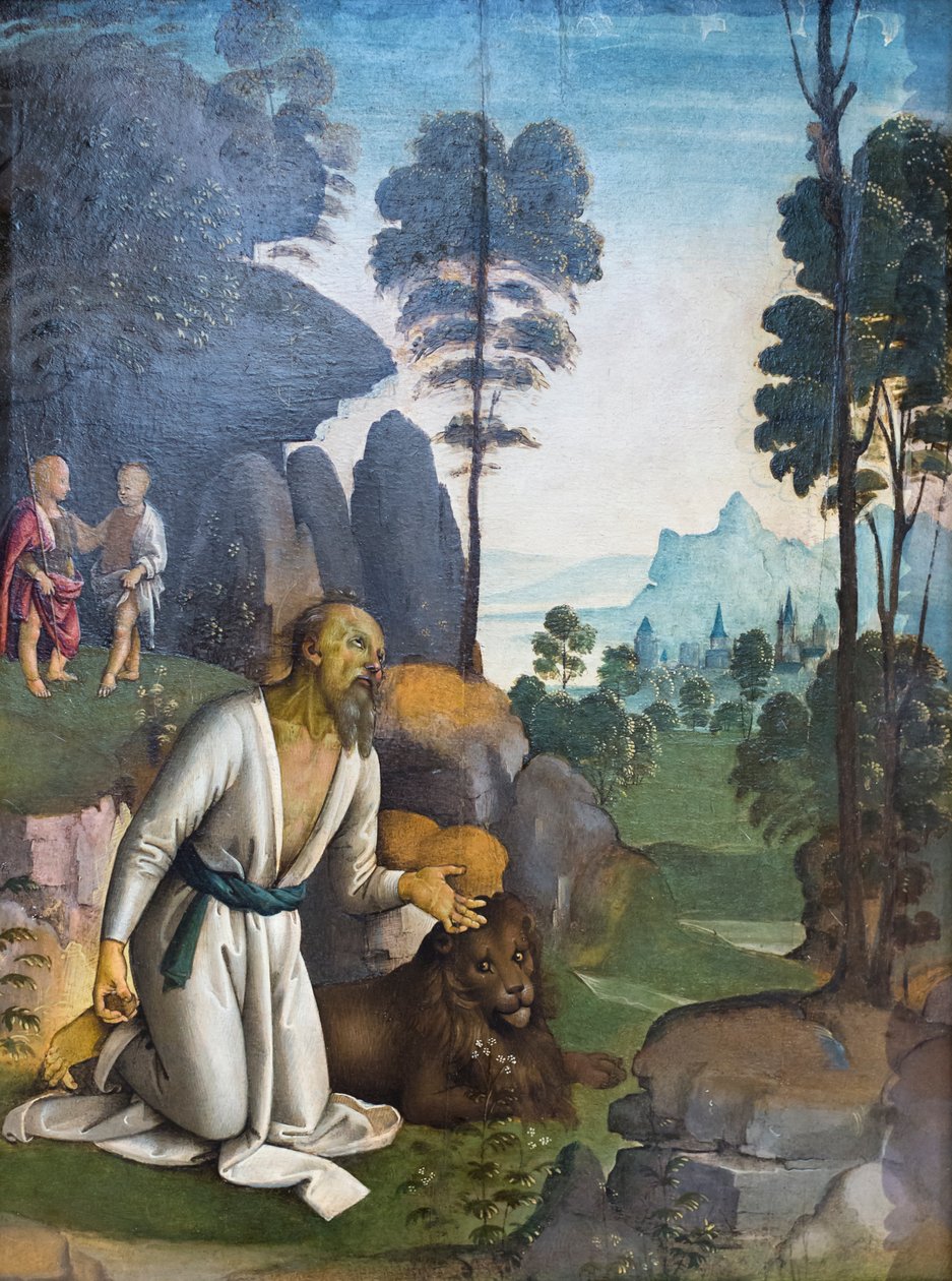 忏悔的圣人杰罗姆与襁褓中的耶稣和施洗约翰（油画） 作者 彼得罗·佩鲁吉诺（Pietro Perugino）